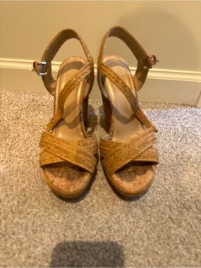 Stuart Weitzman Tan Woven Espadrille Wedge Sandals